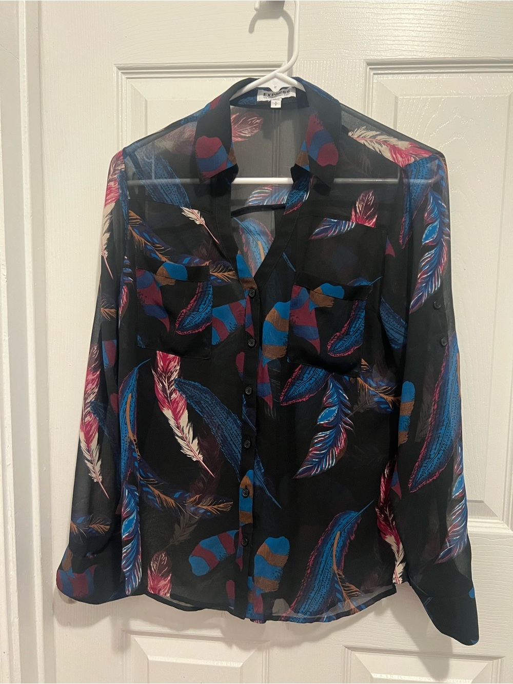 Express Black Sheer Blouse with Blue and Pink Feather Motif